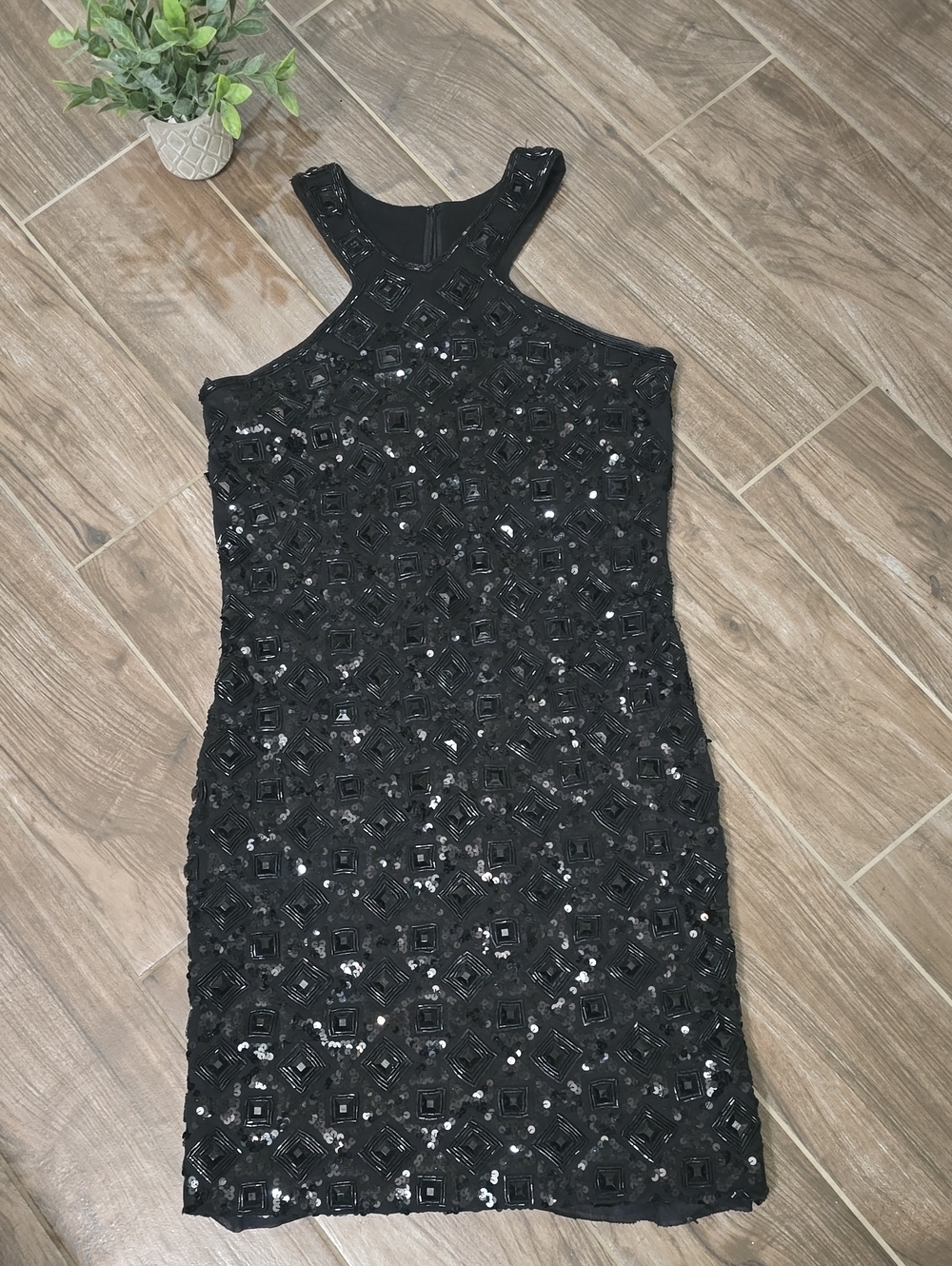 Adrienne Vittadini Black Beaded Halter Mini Dress